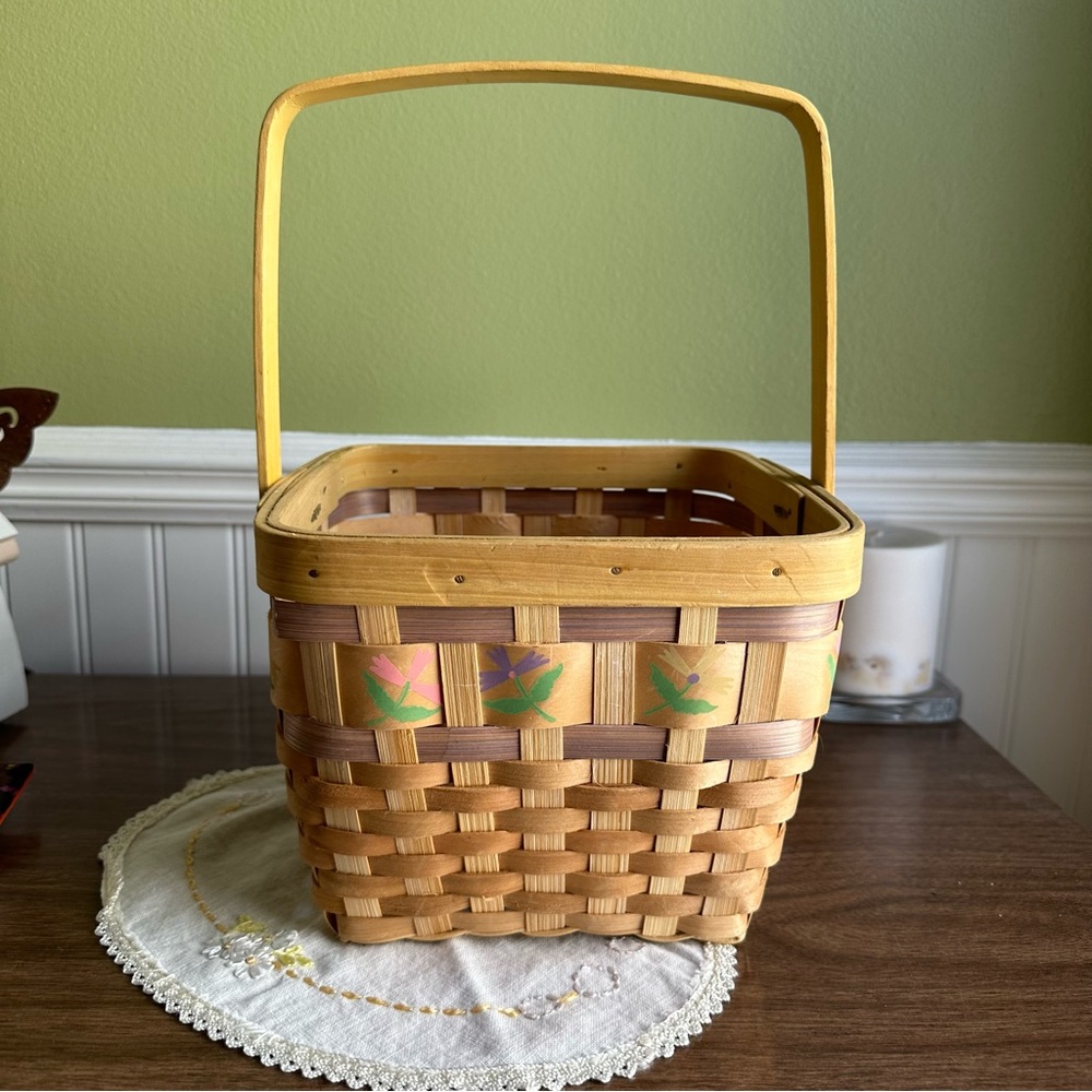 Vintage Natural Split Wood Spring Flower 8” x 8” Square Picnic Basket
